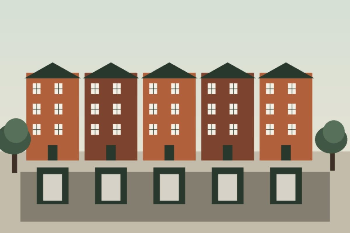 Illustrative rear-lane townhomes at Derry Lane Towns, with garages on a service lane behind the homes